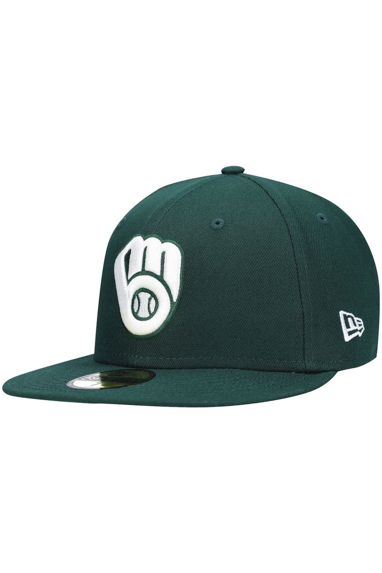 Men's New Era Green Milwaukee Brewers White Logo 59FIFTY Fitted Hat, Main, color, Green