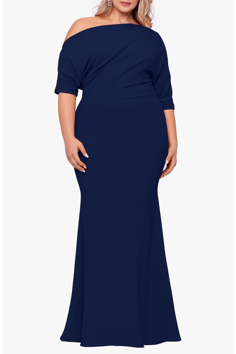 One-Shoulder Scuba Crepe Gown, Main, color, NAVY