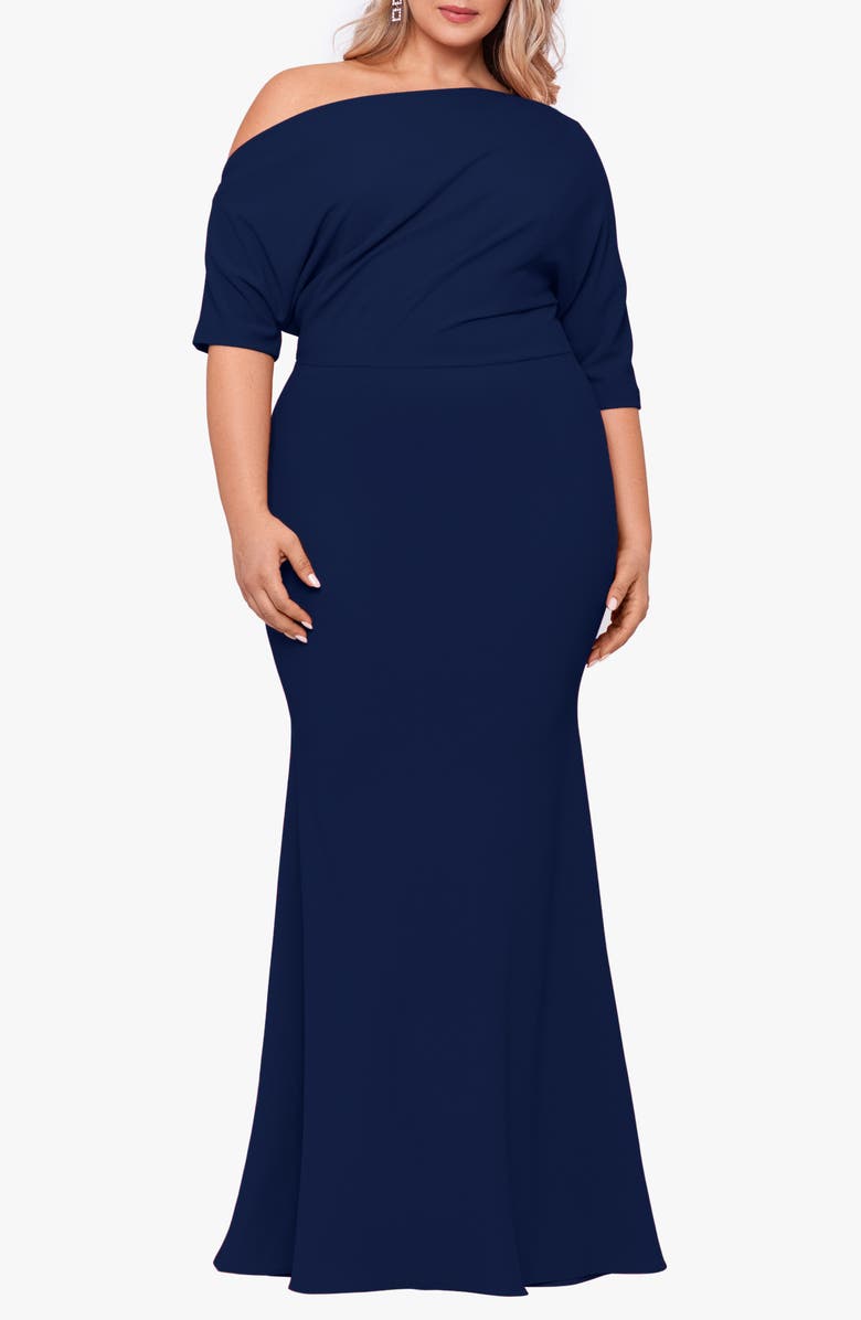 Betsy & Adam One-Shoulder Scuba Crepe Gown, Main, color, Navy