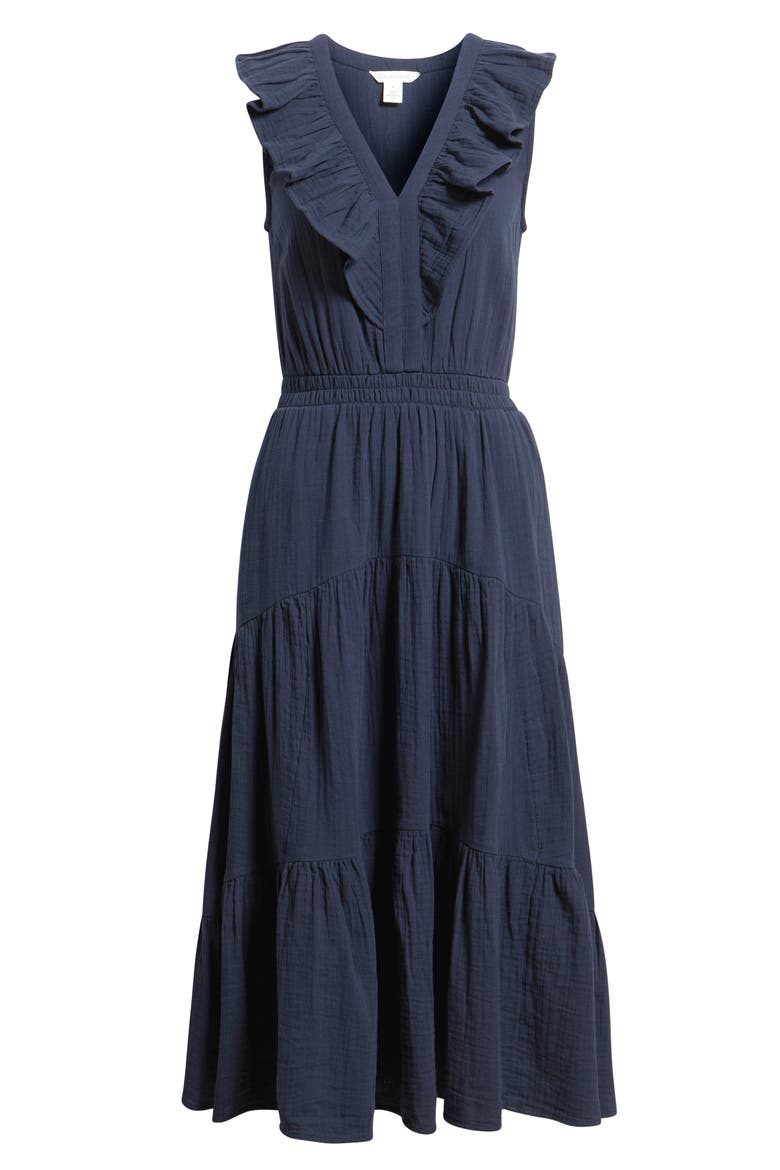 Ruffle Sleeveless Tiered Cotton Midi Dress, Alternate, color, NAVY STILL