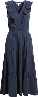 Caslon® Ruffle Sleeveless Tiered Cotton Midi Dress