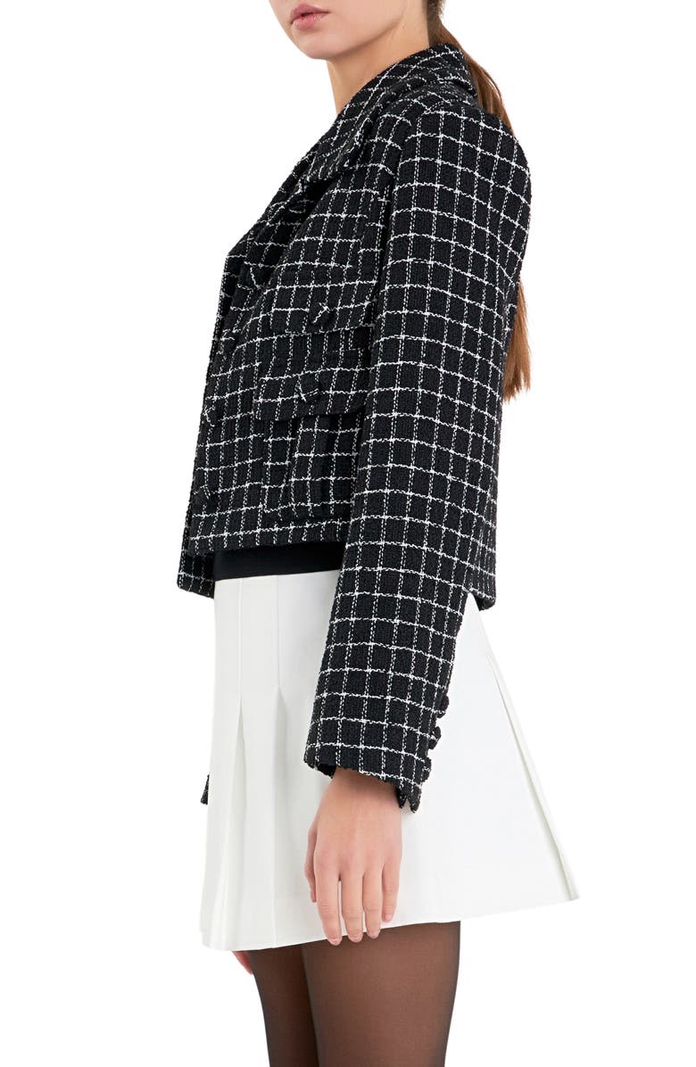 English Factory Windowpane Check Tweed Crop Blazer, Alternate, color, Black