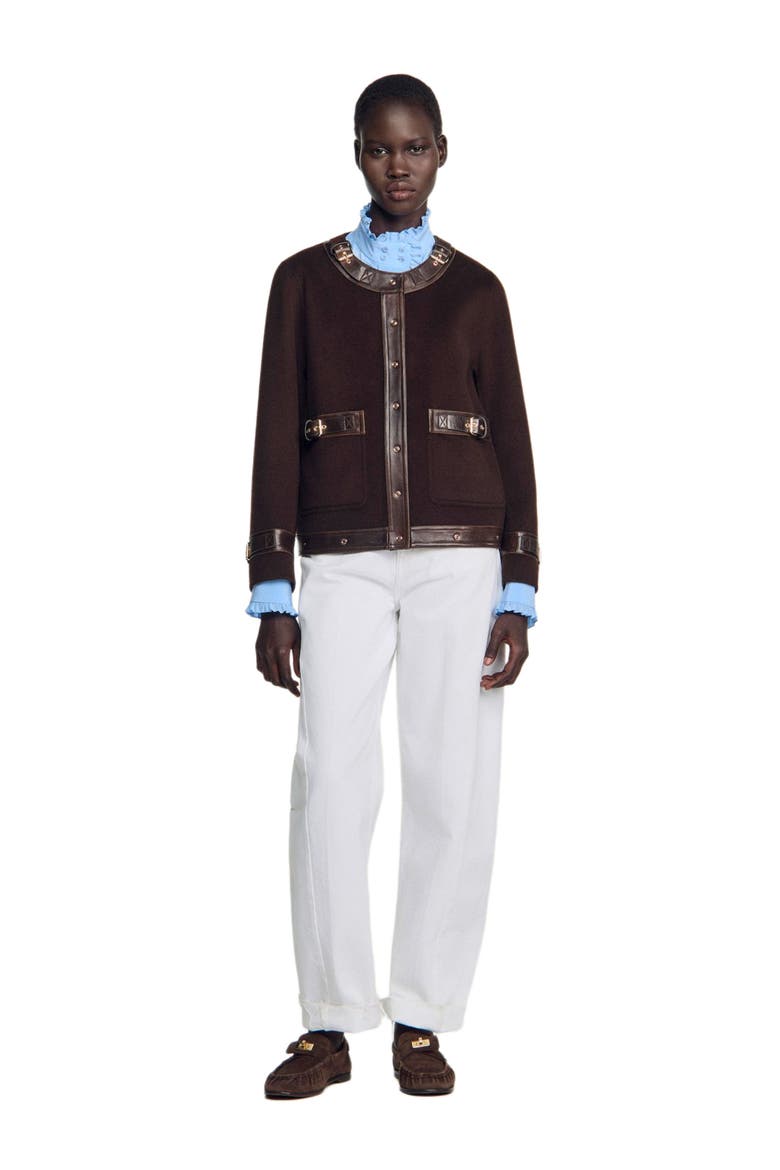 Short coat with leather details, Alternate, color, Brown