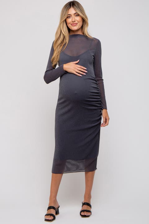 Shimmer Mesh Long Sleeve Ruched Maternity Midi Dress