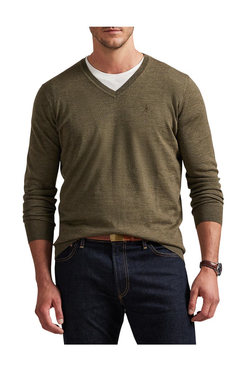 Polo Ralph Lauren Big & Tall V-Neck Merino Wool Sweater, Main, color, Cargo Olive Heather