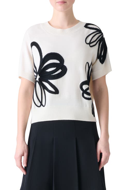 Daisy Intarsia Knit Short Sleeve Virgin Wool Sweater