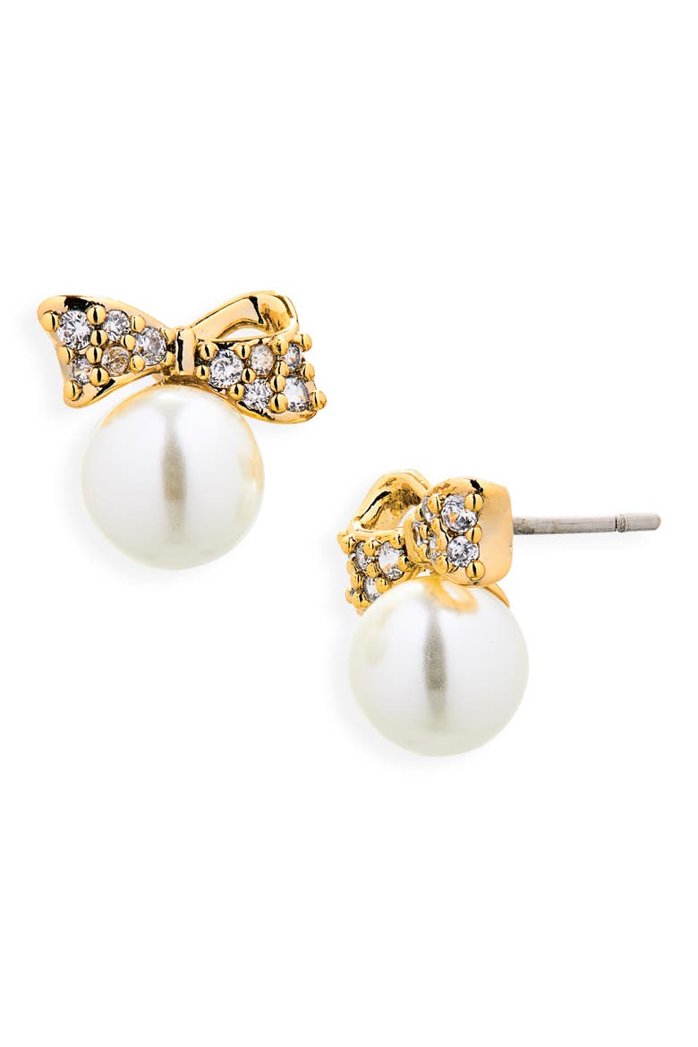 Pavé Bow Imitation Pearl Stud Earrings, Alternate, color, CLEAR/ GOLD