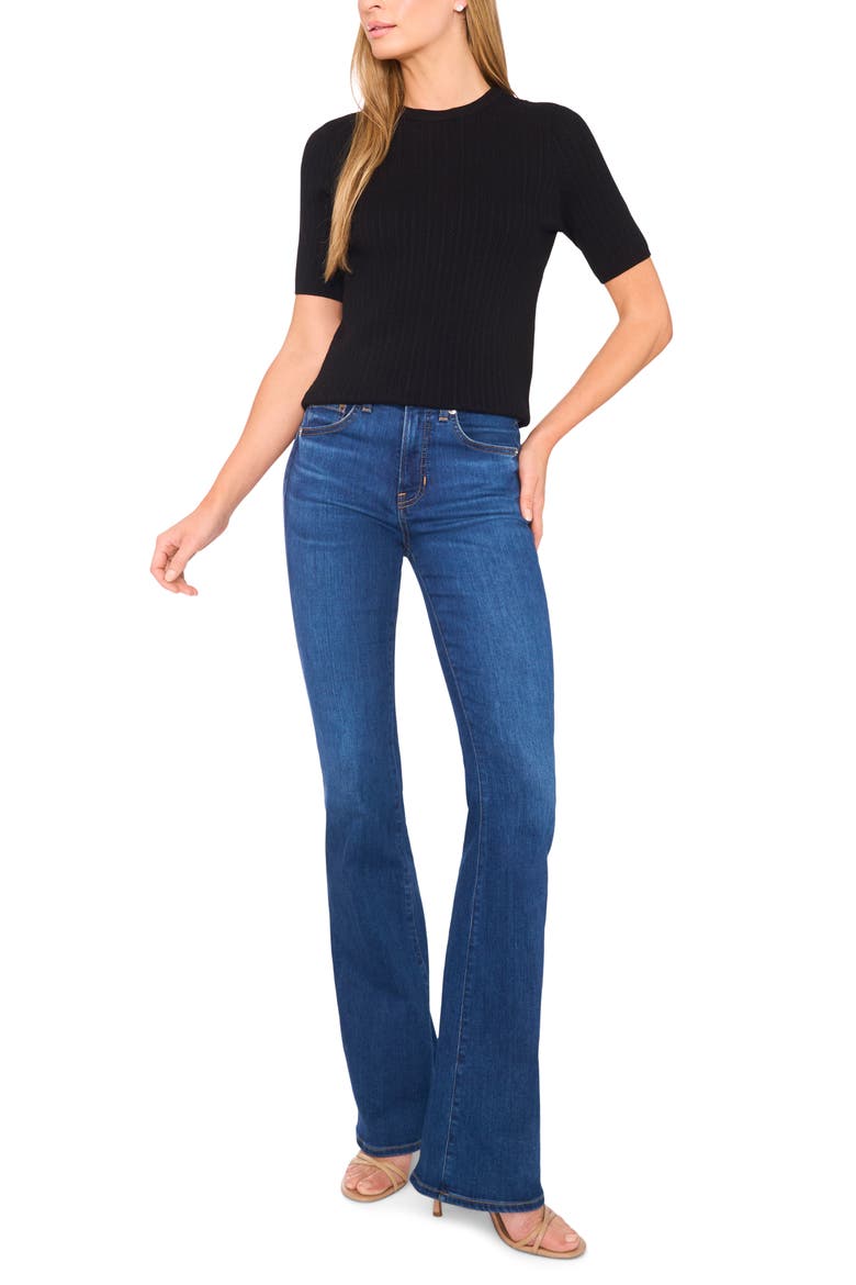 Pointelle Stitch Short Sleeve Sweater, Alternate, color, RICH BLACK