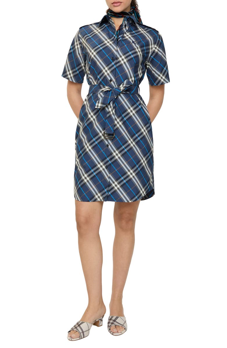 Burberry Olive Check Belted Cotton Shirtdress, Alternate, color, Pilot Blue Ip Check