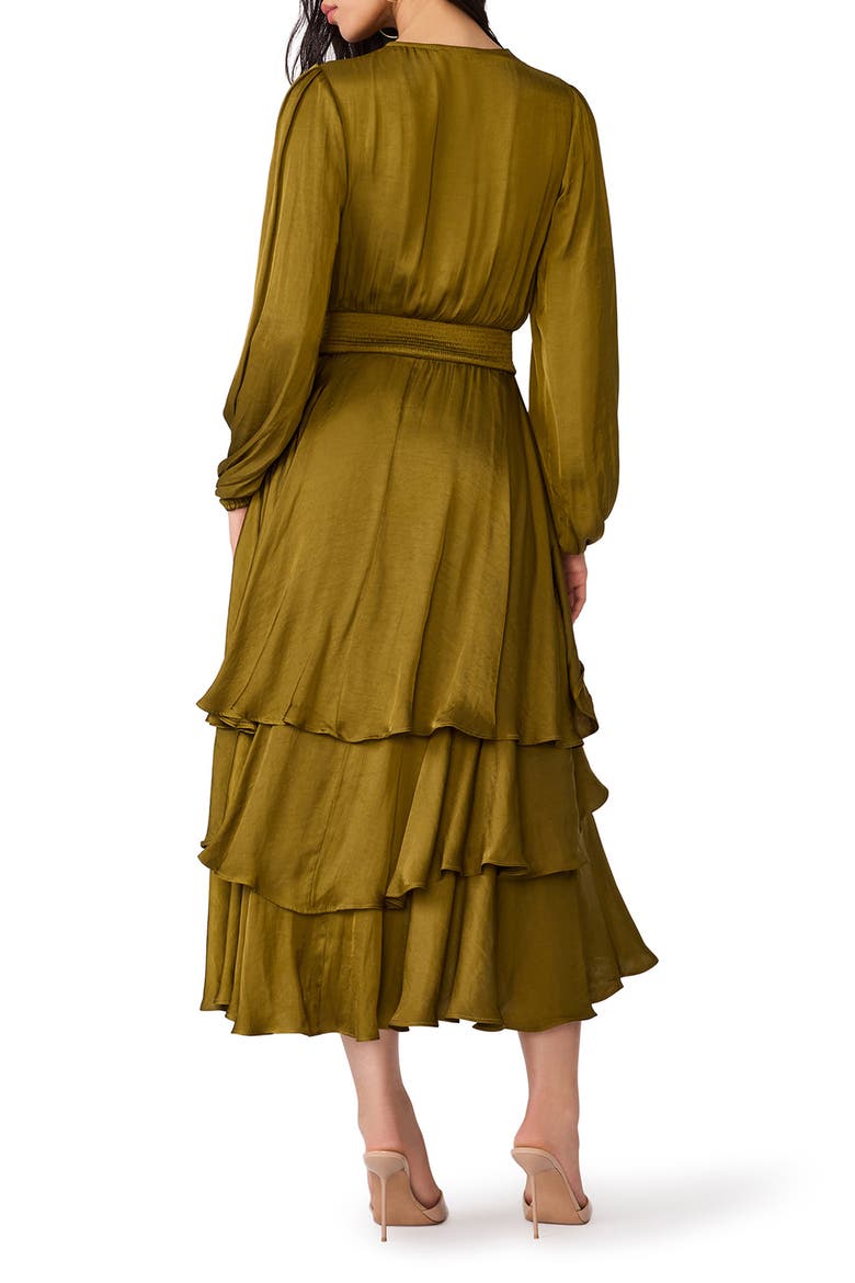 Bei Long Sleeve Tiered Satin Midi Dress, Alternate, color, FIR GREEN