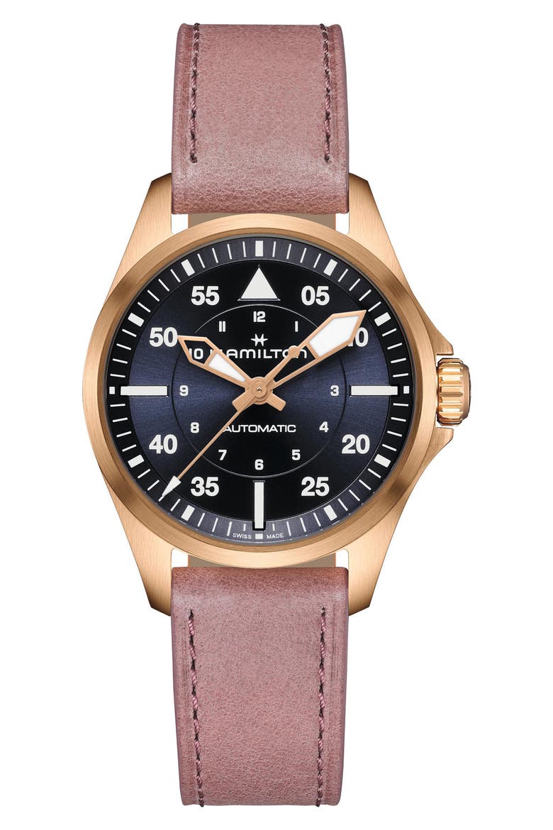 Khaki Aviation Pilot Automatic Leather Strap Watch, 36mm, Main, color, PINK CALF LEATHER