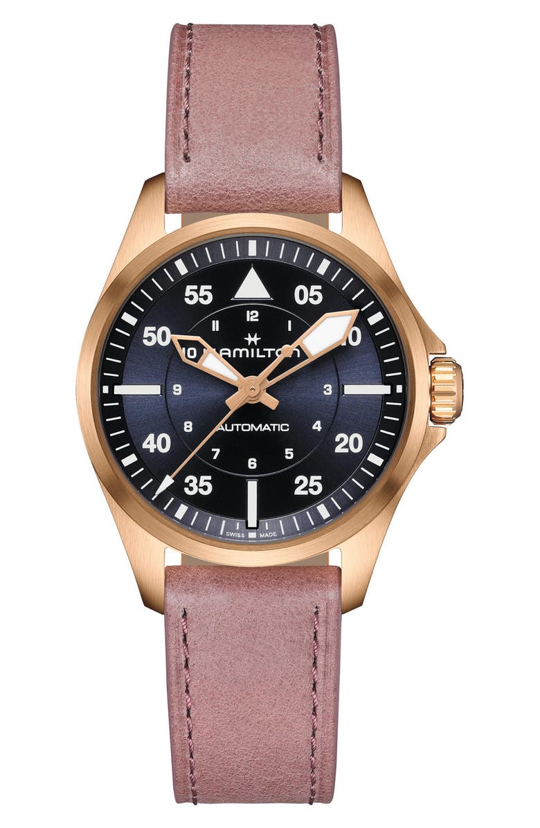 Hamilton Khaki Aviation Pilot Automatic Leather Strap Watch, 36mm, Main, color, Pink Calf Leather