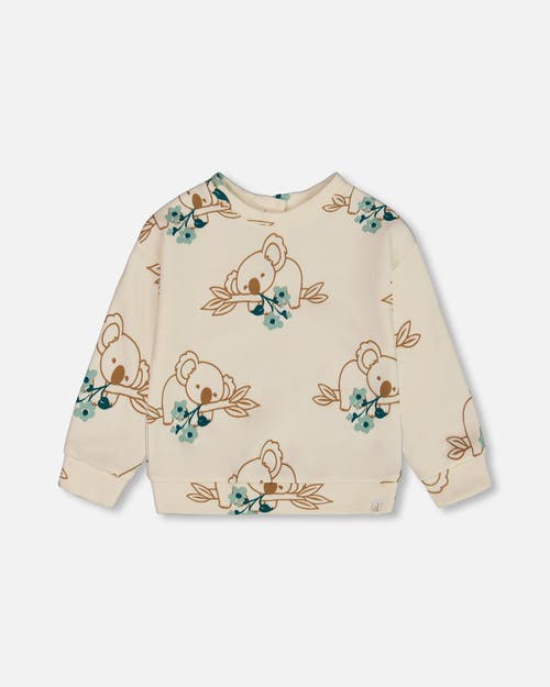 Deux Par Deux Girl's Printed French Terry Sweatshirt Off-white And Koala In Off-white And Koala