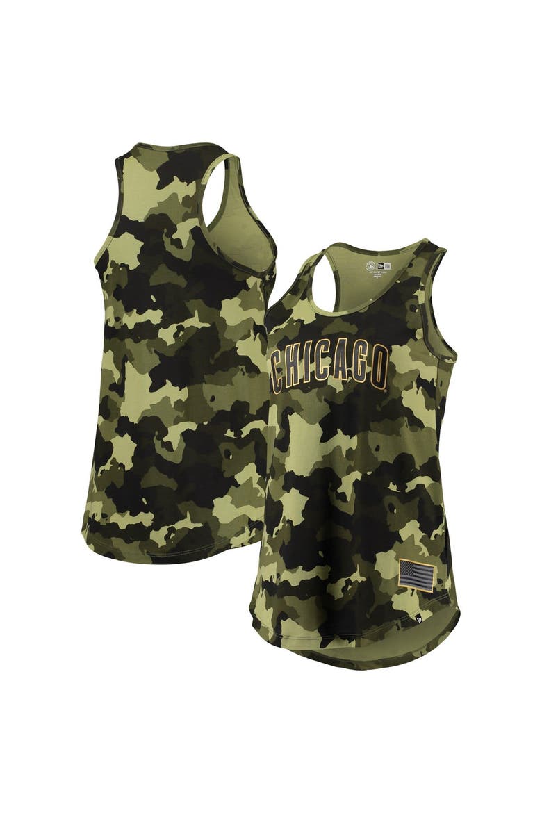 Women's New Era Green Chicago Cubs 2022 MLB Armed Forces Day Camo Racerback Tank Top, Main, color, Green
