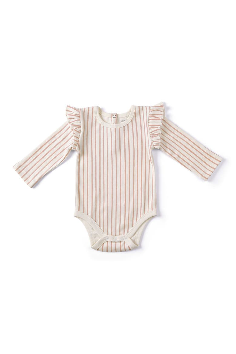 Stripes Away Long Sleeve Ruffle Bodysuit, Main, color, STRIPES AWAY PEONY