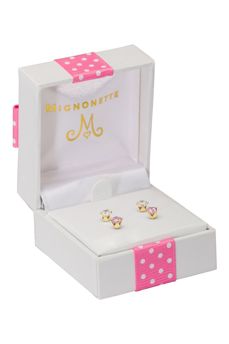 14k Gold & Cubic Zirconia 2-Pair Stud Earring Set, Alternate, color, PINK AND WHITE