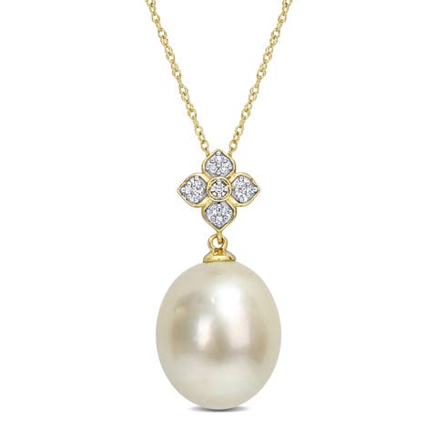 South Sea Pearl & Diamond Floral Necklace 10k