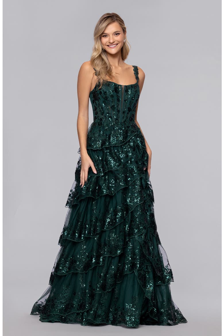 Sequin Tiered Ruffle Ballgown, Alternate, color, HUNTER