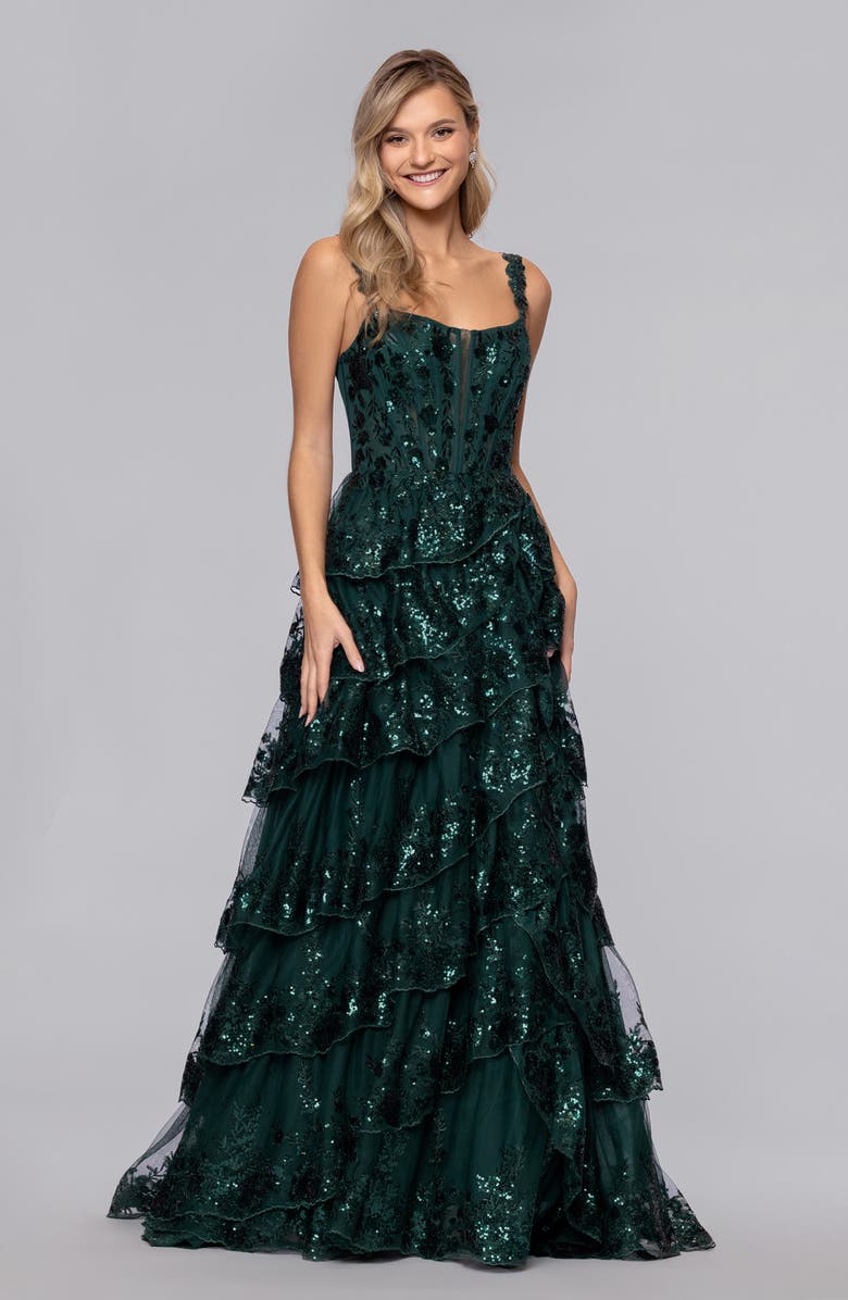 Blondie Nites Sequin Tiered Ruffle Ballgown, Alternate, color, Hunter