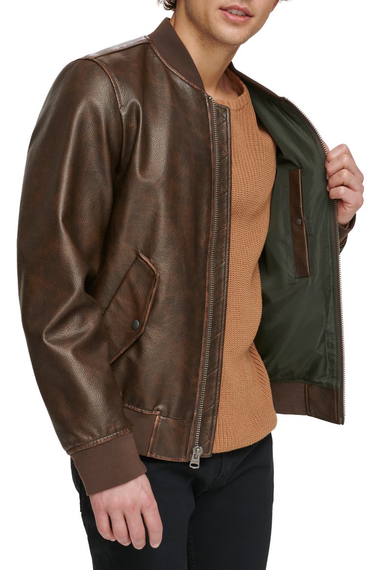 Varsity Faux Leather Bomber Jacket, Alternate, color, GRAINY COW BROWN
