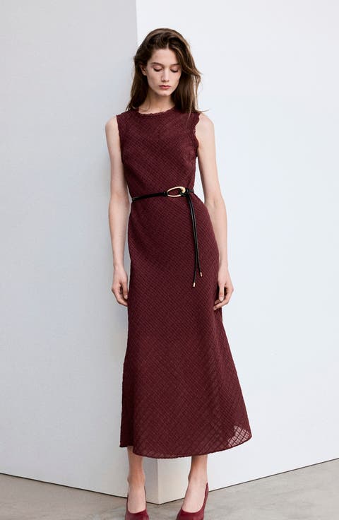 Belted Textured Sleeveless Midi Dress