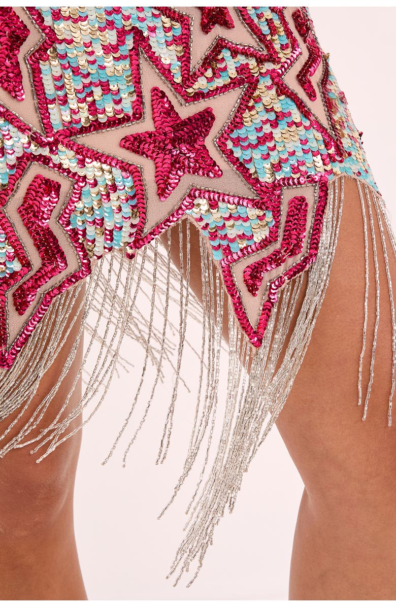 NASTY GAL Star Embellished Tassel Hem Mini Dress, Alternate, color, Turquoise