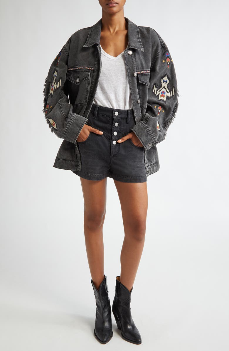 Isabel Marant Étoile Manona Embroidered Fringe Detail Denim Trucker Jacket, Alternate, color,