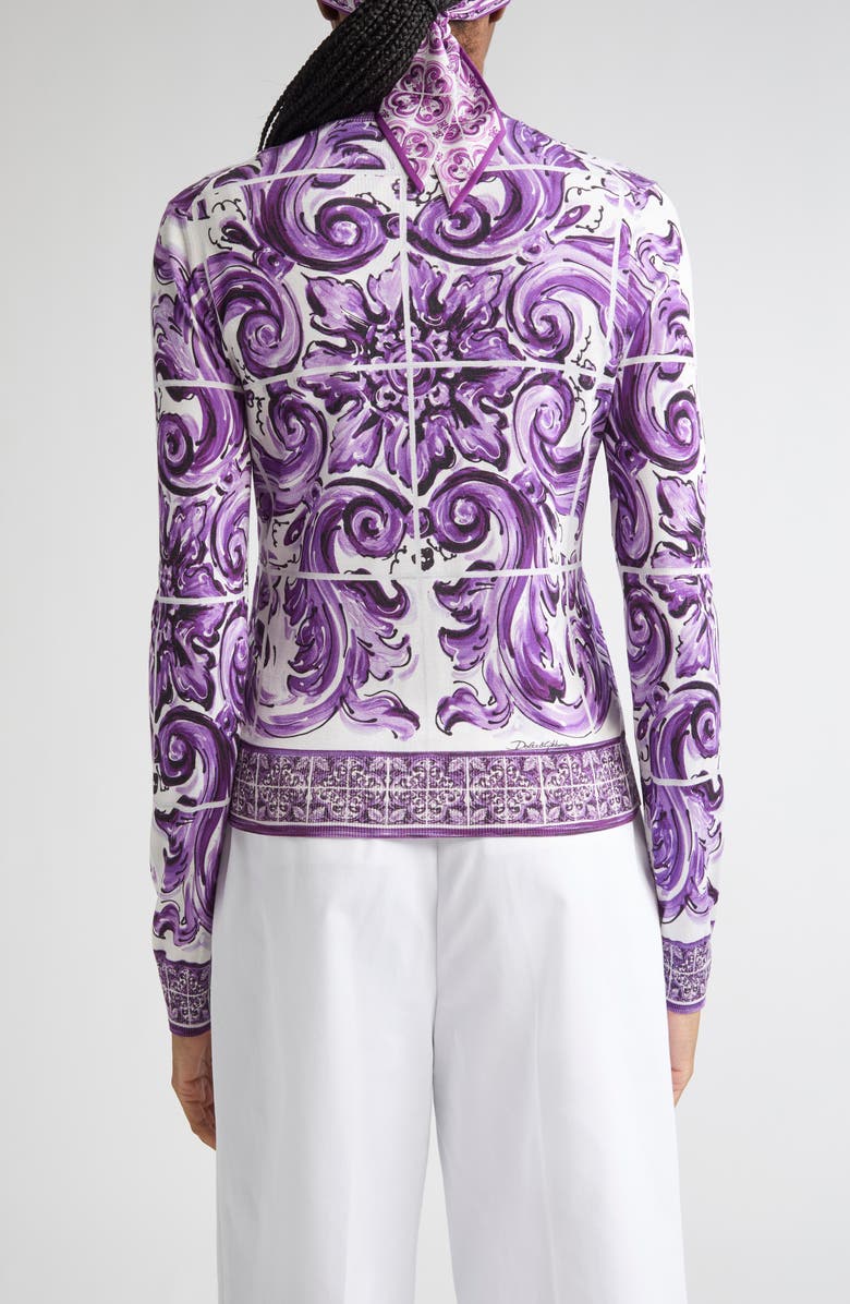 Dolce&Gabbana Majolica Print Silk Cardigan, Alternate, color, H25dq Maiolica 1L Viola