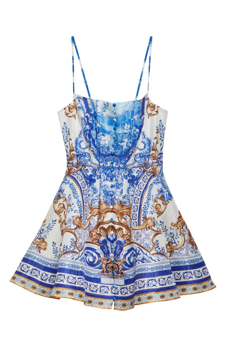 Camilla Corset Fit & Flare Linen & Silk Minidress, Alternate, color, Azul Adventures