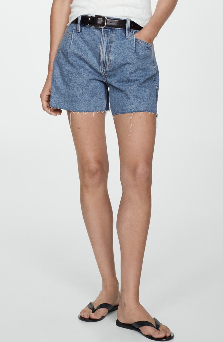 MANGO Raw Hem Pleated A-Line Denim Shorts, Main, color, Medium Blue