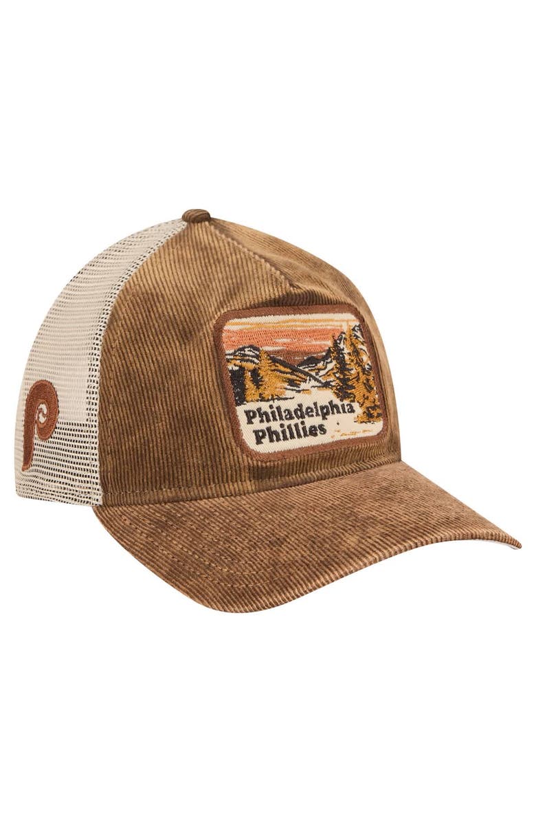 New Era Men's New Era Dark Brown Philadelphia Phillies Vintage Landscape 9TWENTY A-Frame Adjustable Trucker Hat, Main, color, 