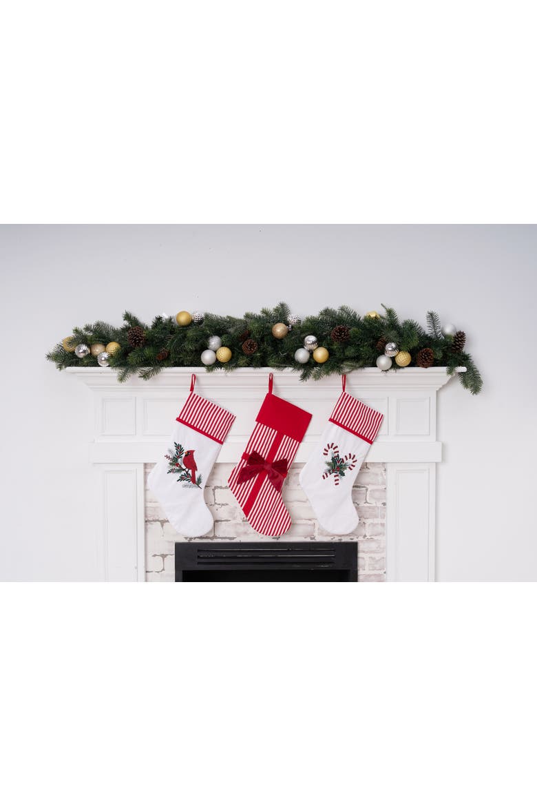 Red Velvet Bow on Striped Candy Cane Christmas Stocking, Alternate, color, Red