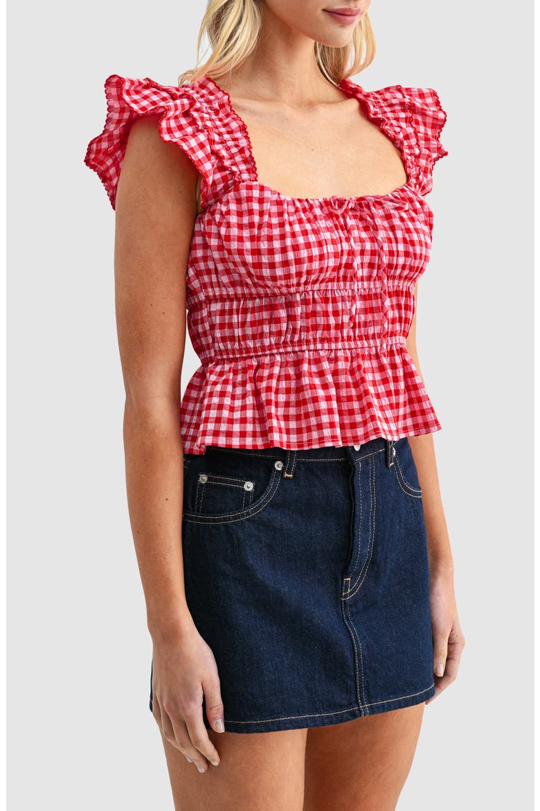 Gingham Smocked Bodice Peplum Top, Alternate, color, RED GINGHAM