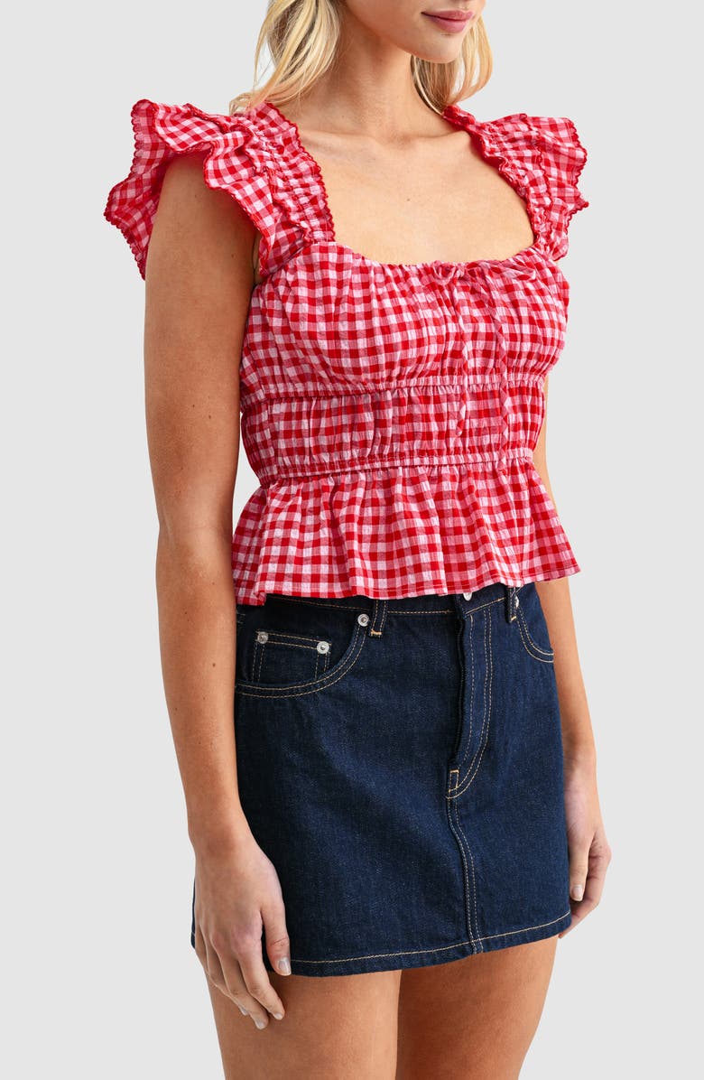 All in Favor Gingham Smocked Bodice Peplum Top, Alternate, color, Red Gingham