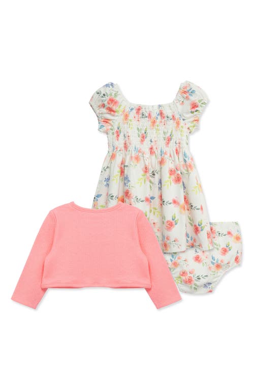 Little Me Rose Smocked Cotton Sundress, Pointelle Cardigan & Bloomers Set In Rose