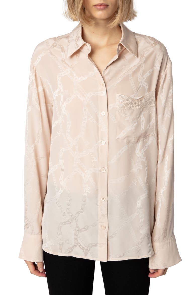Morning Chain Jacquard Silk Button-Up Shirt, Main, color, SWEET