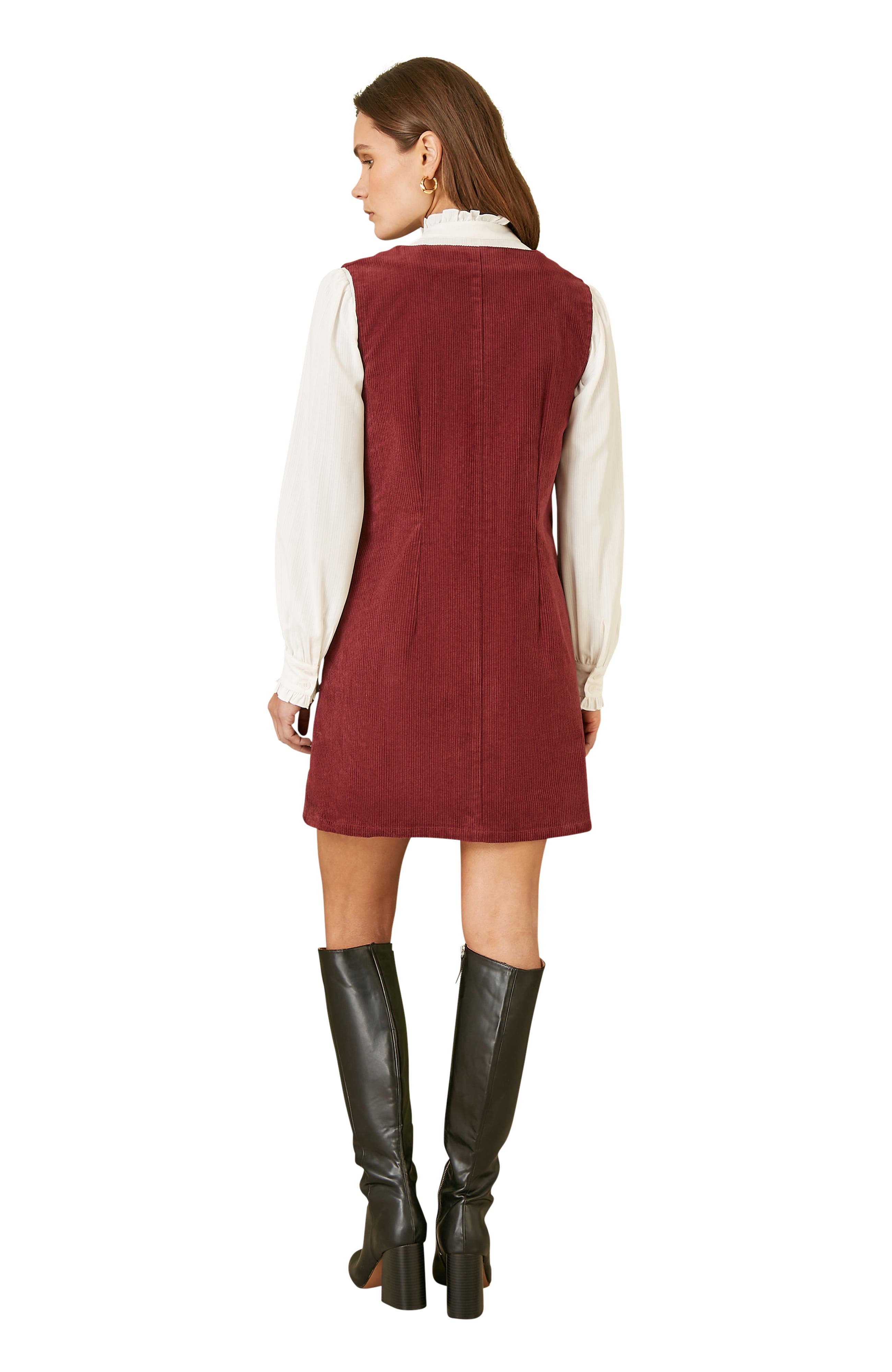 burgundy pinafore dress Yumi Cord Button Through With Pockets Womens dresses