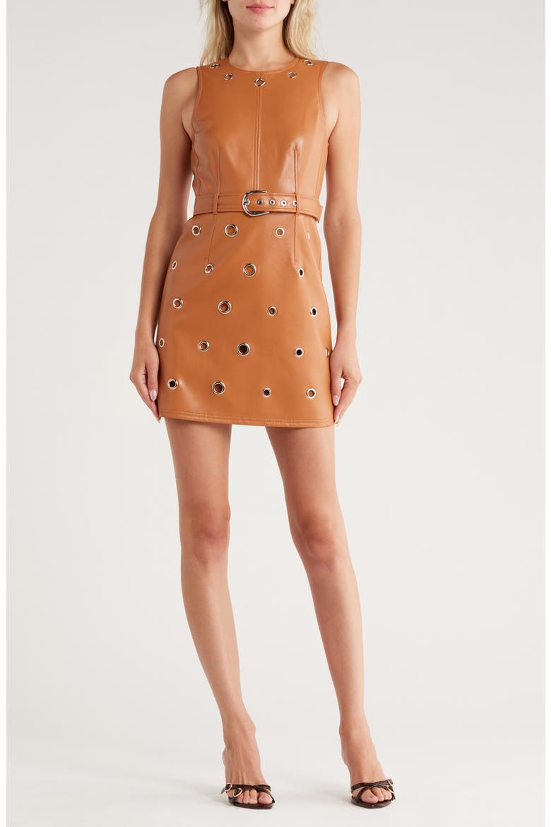 Harriet Grommet Belted Faux Leather Dress, Main, color, CHESTNUT BROWN
