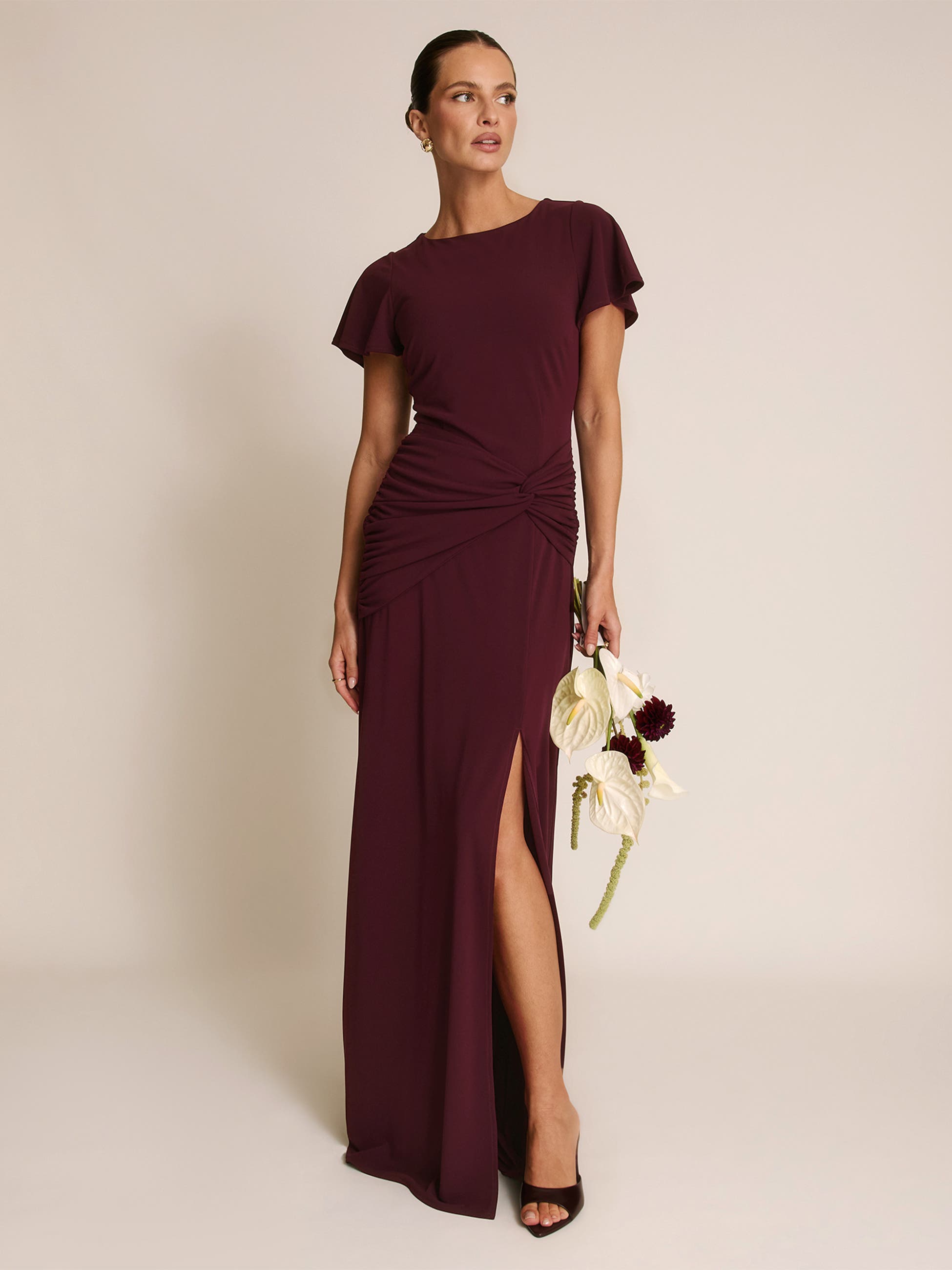 Six Stories Knot Panel Flutter Sleeve Maxi Dress In Burgundy
