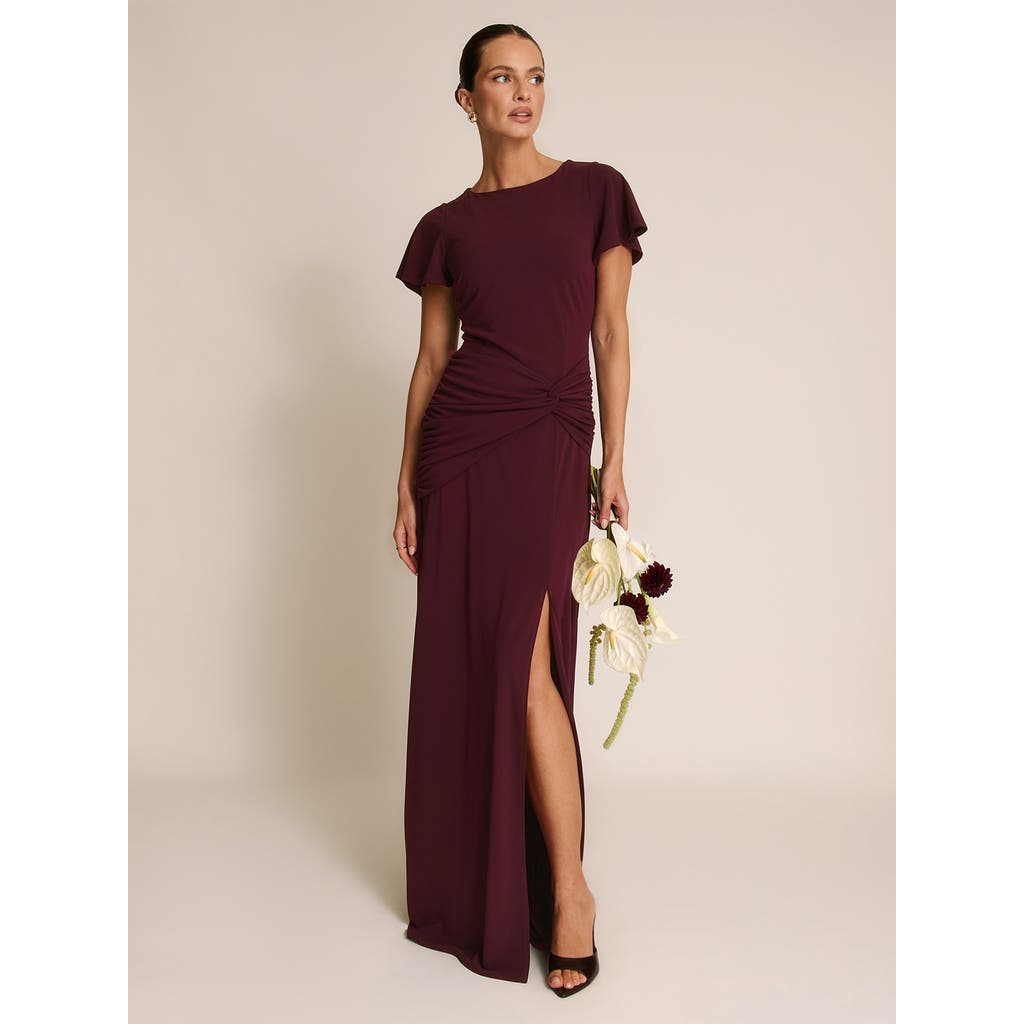 Six Stories Knot Panel Flutter Sleeve Maxi Dress In Burgundy