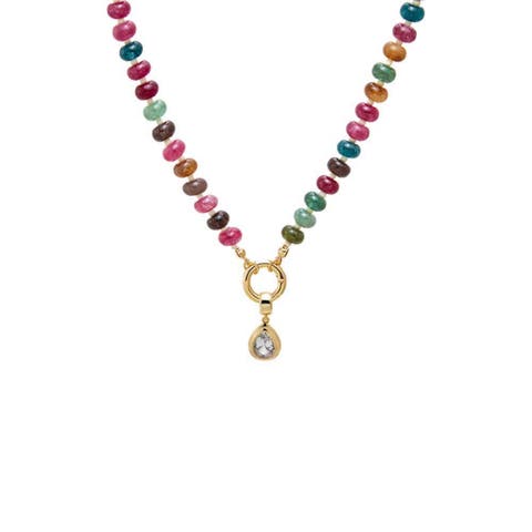 Colored Natural Stone Beaded /CZ Pear Bezel Charm Necklace
