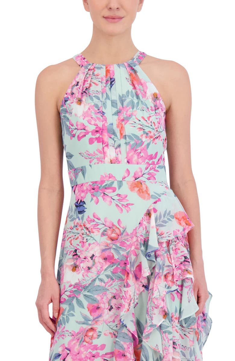 Eliza J Floral Print Asymmetric Ruffle Sleeveless Maxi Dress, Alternate, color, Mint