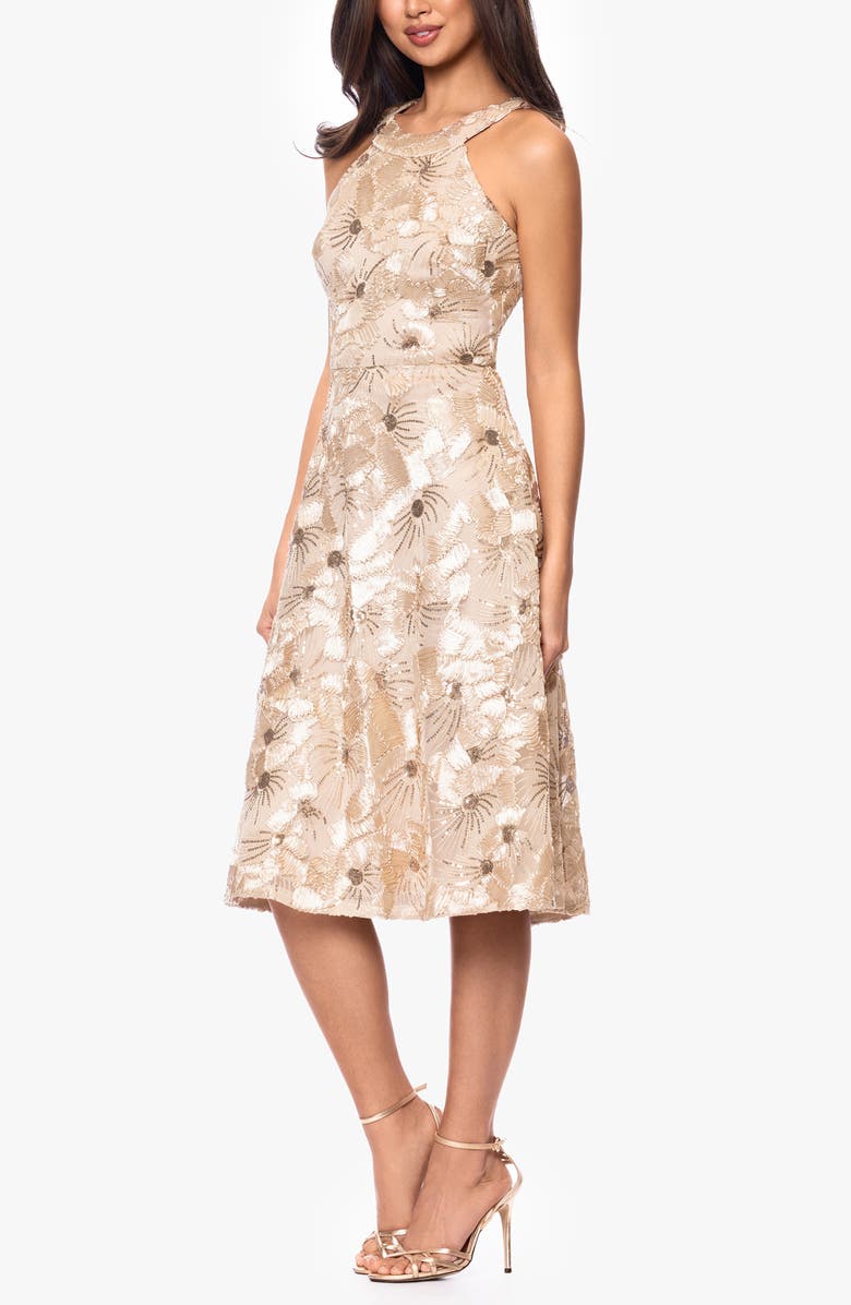 Betsy & Adam Sequin Soutache Lace Sleeveless Cocktail Dress, Alternate, color, Champagne