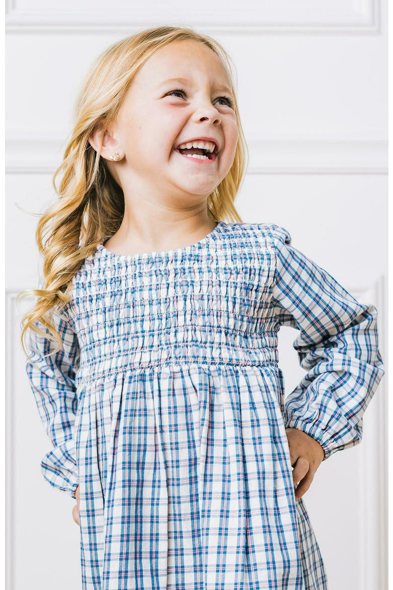 Girls' Organic Smocked Long Sleeve Dress, Kids, Alternate, color, Ivory and Blue Check