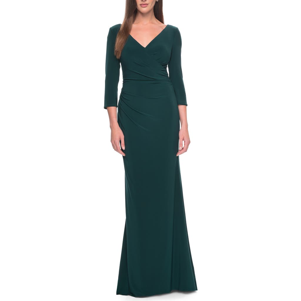 La Femme Long Evening Dress With Wrap Style Neckline In Hunter Green