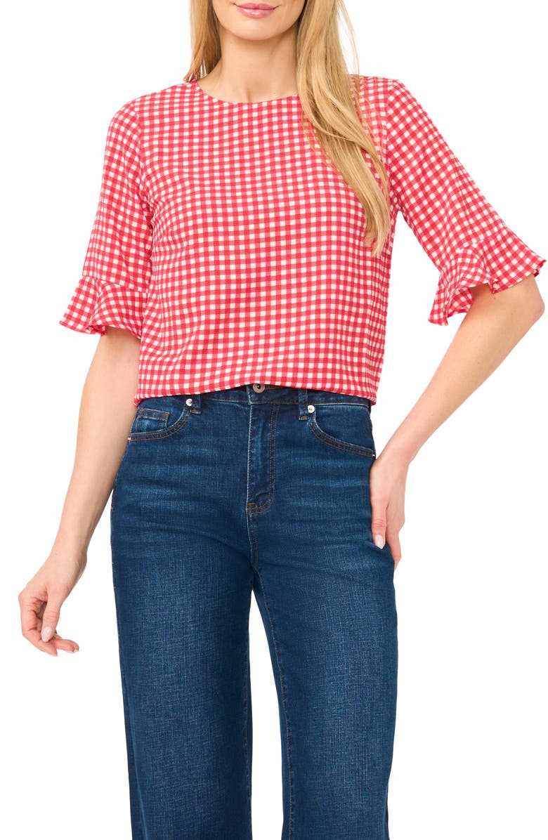 CeCe Gingham Ruffle Sleeve Top, Main, color, Claret Red