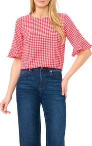 CeCe Gingham Ruffle Sleeve Top