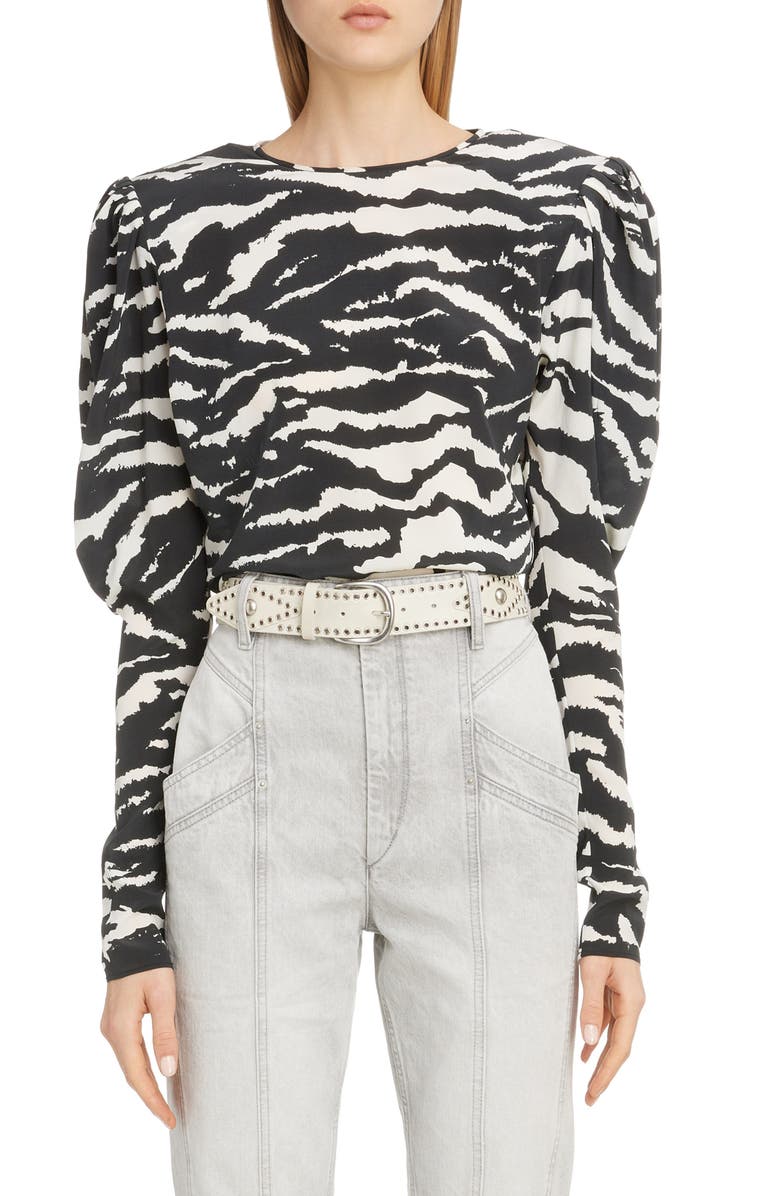 Isabel Marant Zebra Print Puff Sleeve Stretch Silk Blouse, Main, color, 