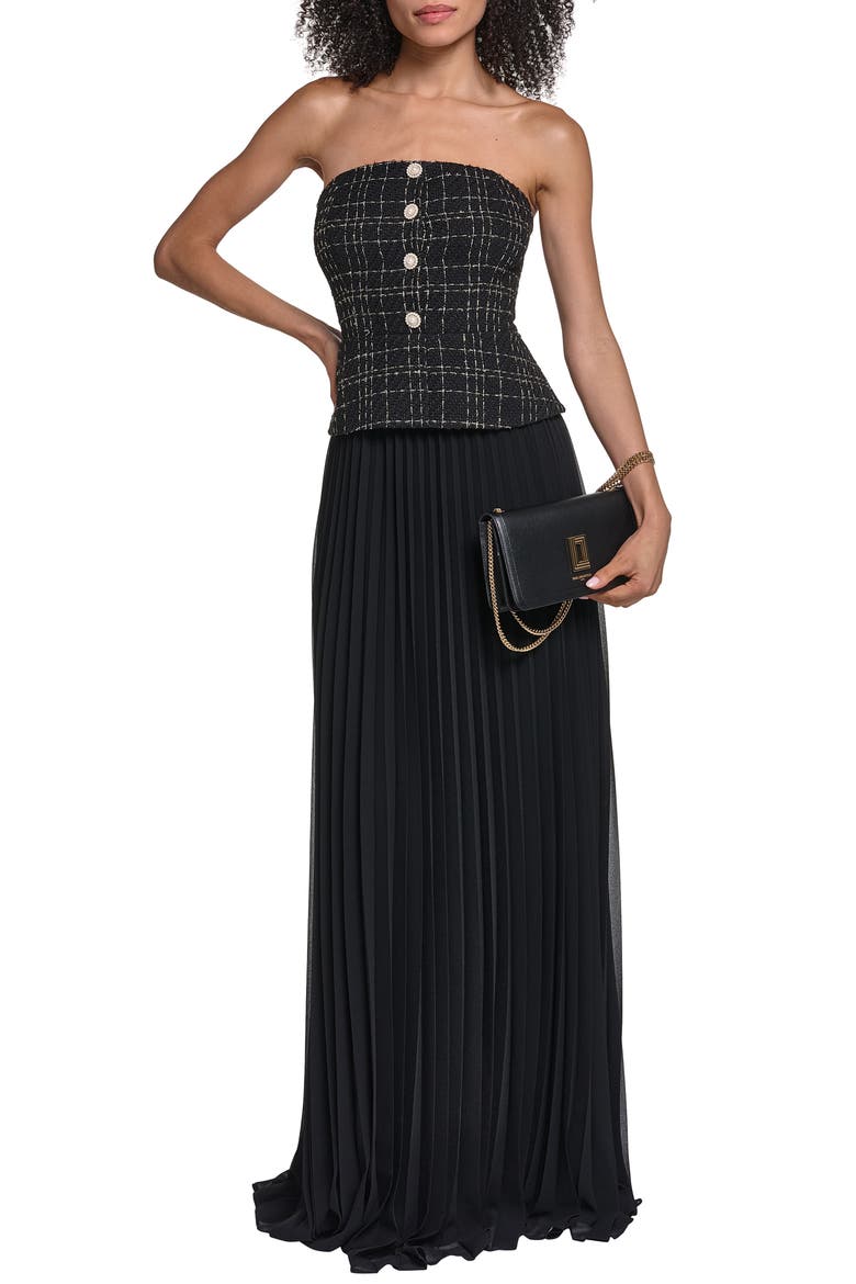 Tweed Pleated Strapless Gown, Alternate, color, BLACK GOLD