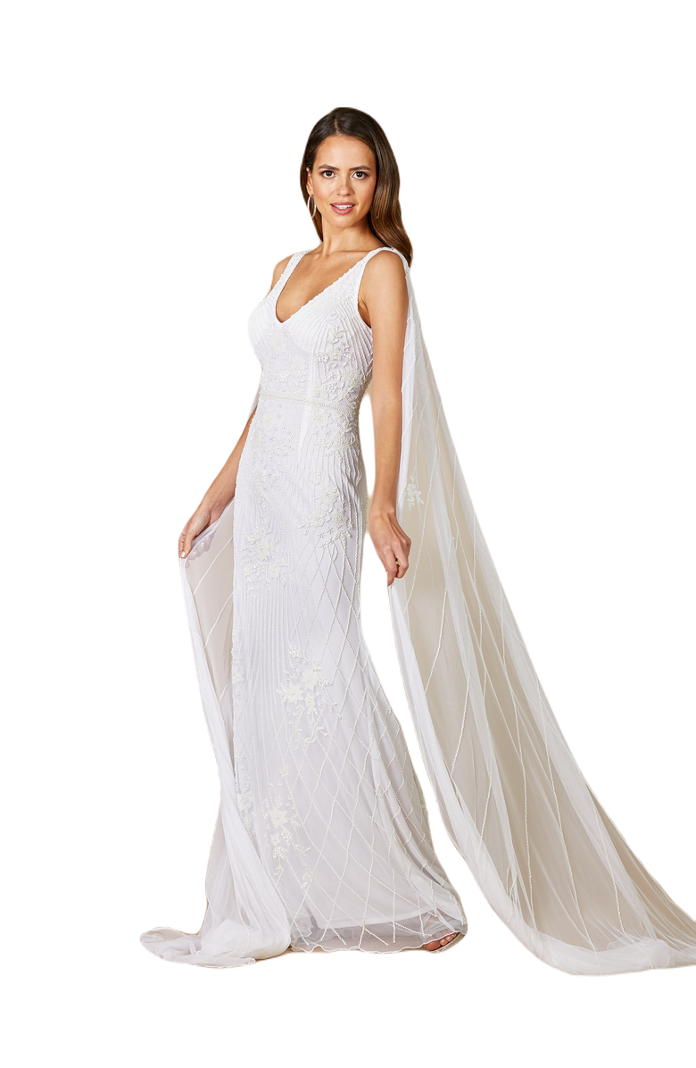 LARA New York Gia Beaded Tank Wedding Dress with Streamers, Main, color, 